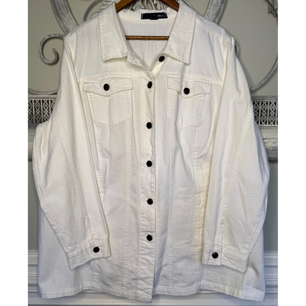 Denim 24/7 White Denim Jacket Womens 24W Plus Size Button Up Chore Coat EUC